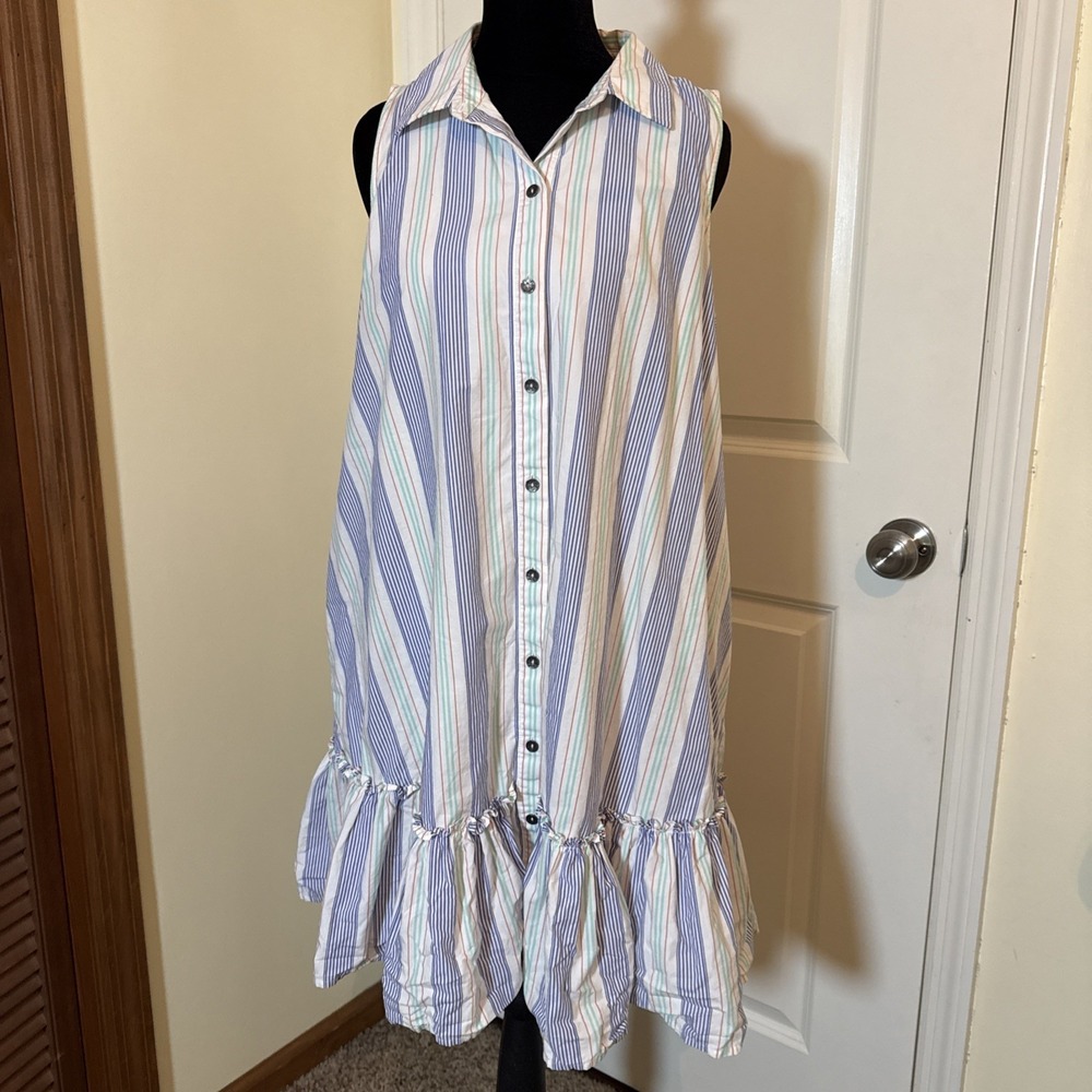 Maeve Anthropologie Womens Medium Striped Sleeveless Ruffle Hem Shirt Dress Blue